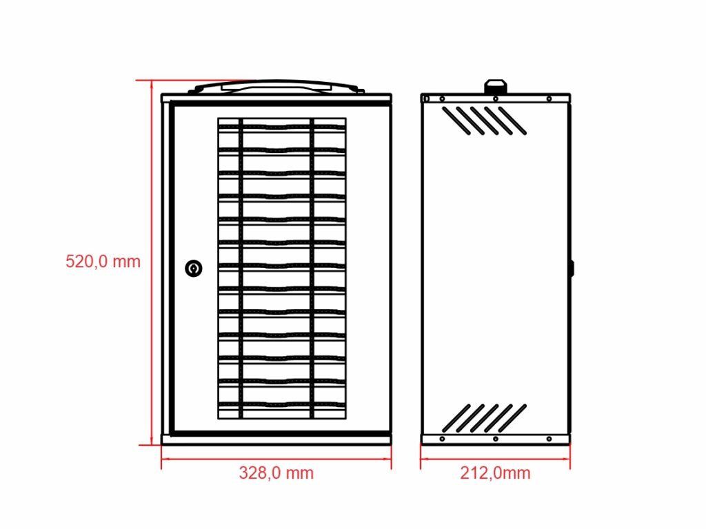 a imagem mostra um armário compacto e organizado, projetado especificamente para armazenar celulares de forma segura e conveniente. ele é feito de metal resistente e possui um design simples e funcional. demonstra os detalhes das prateleiras internas.