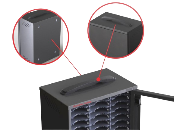 a imagem mostra um armário compacto e organizado, projetado especificamente para armazenar celulares de forma segura e conveniente. ele é feito de metal resistente e possui um design simples e funcional. demonstra a aparte traseira e a alça do produto em detalhes.